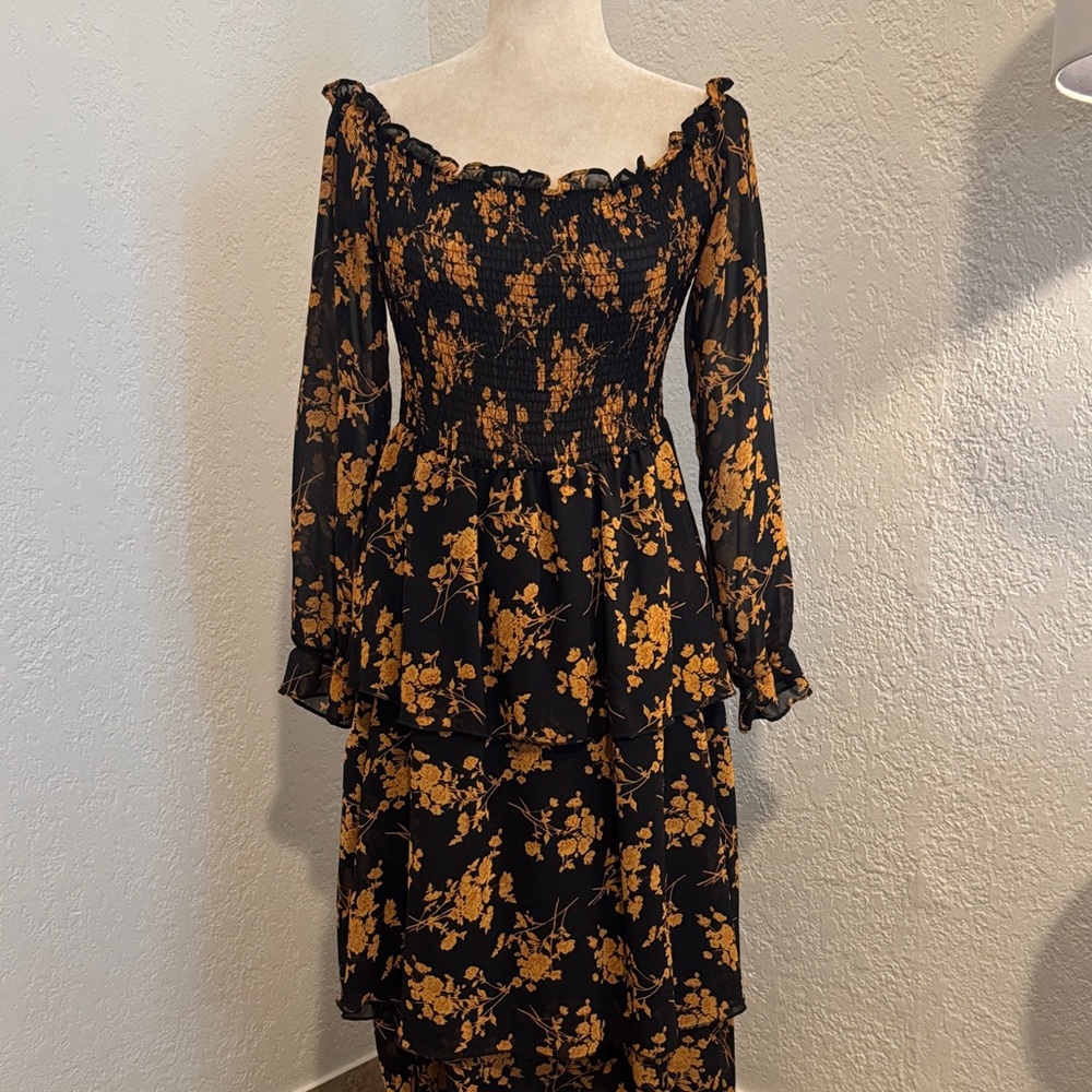 Black & Mustard Floral Tiered Long-Sleeve Dress - Picture 1 of 5